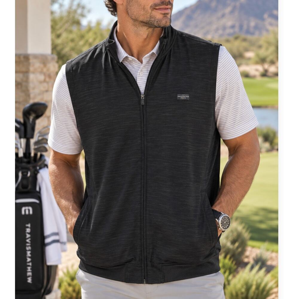 TravisMathew Off The Dock Golf Vest XXL Black Full Zip Stretch Performance